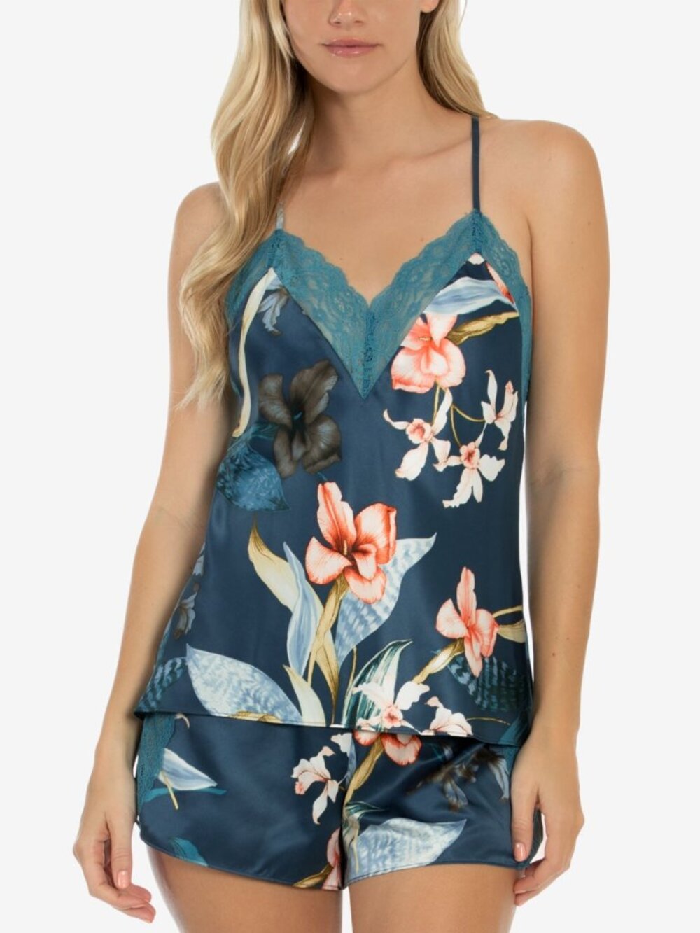 Linea Donatella Womens Tropical Print Satin Cami & Tap Shorts Lingerie Set